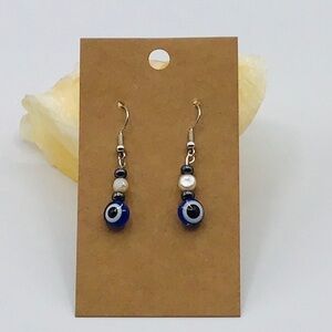 EARRINGS Evil Eye Fresh Water Pearl Blue White Black Silver Tone Boho Handmade